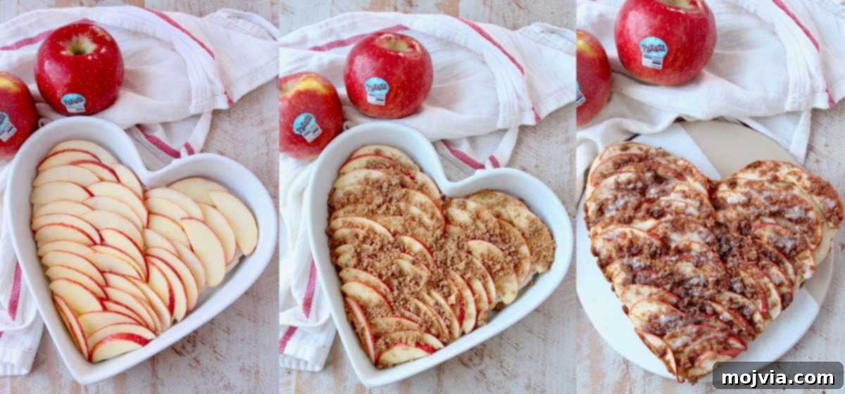 Cinnamon Streusel Apple Dessert Pizza 6 Collage of images showing the process of making a heart-shaped apple dessert pizza, from shaping the dough to the finished product.