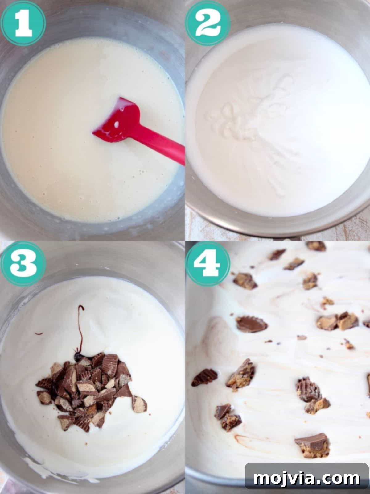 Decadent No-Churn Moose Tracks Delight 4 collage of images showing how to make homemade moose tracks ice cream