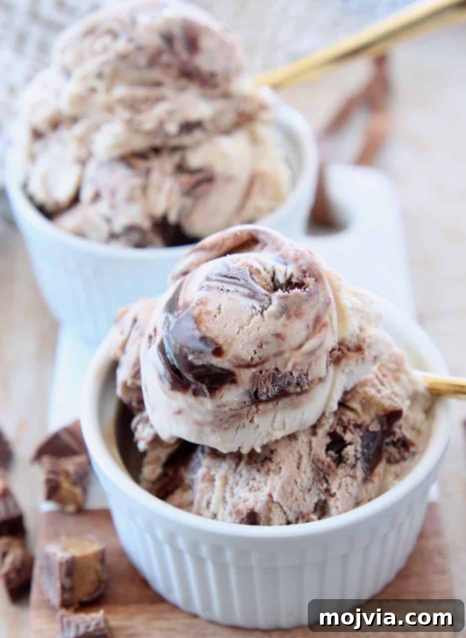 Decadent No-Churn Moose Tracks Delight 6 scoops of ice cream in white bowl with gold spoon