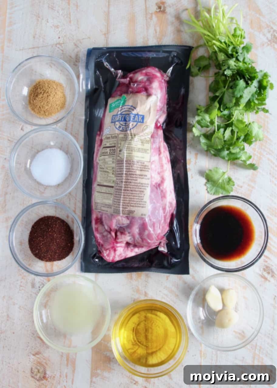Loaded Carne Asada Bowl 3 Ingredients for Chipotle Lime Carne Asada marinade laid out on a table