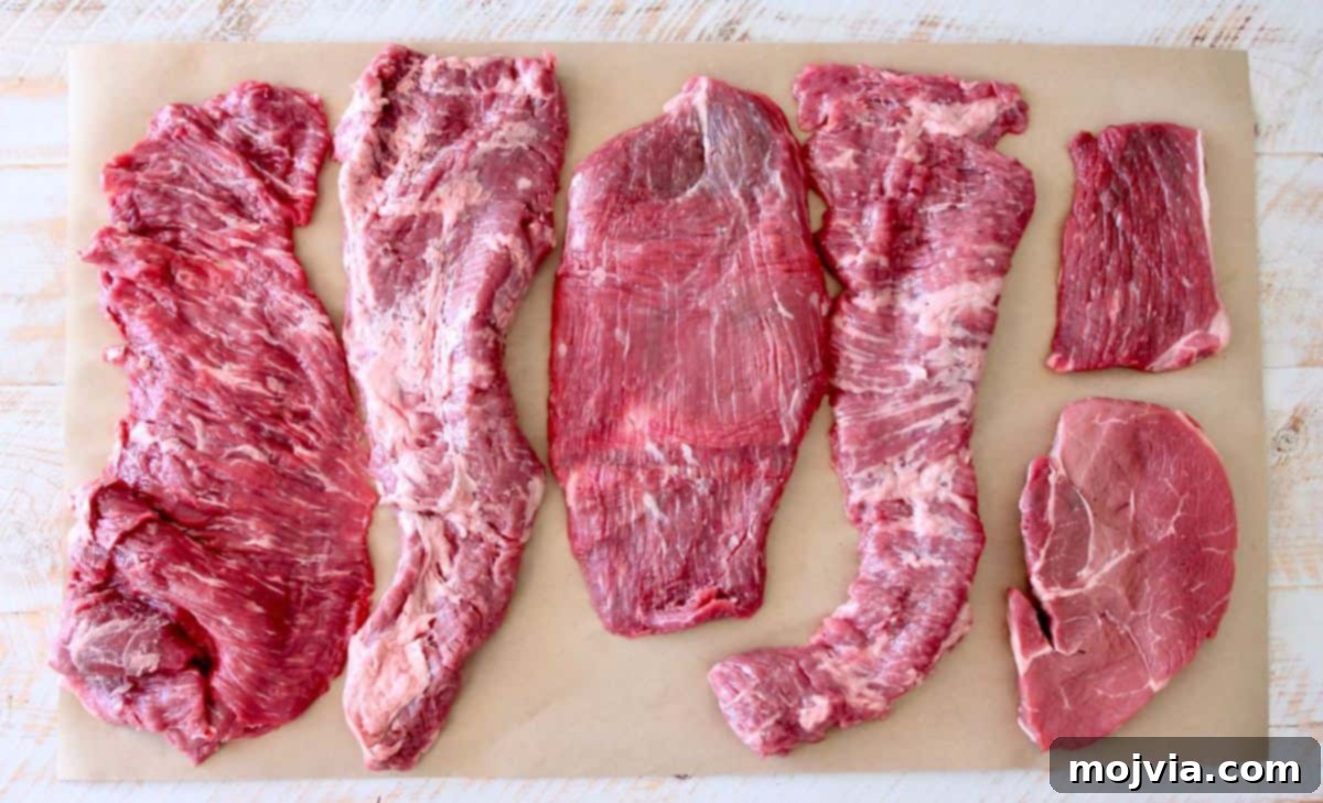 Loaded Carne Asada Bowl 4 Different cuts of beef for carne asada displayed on butcher paper