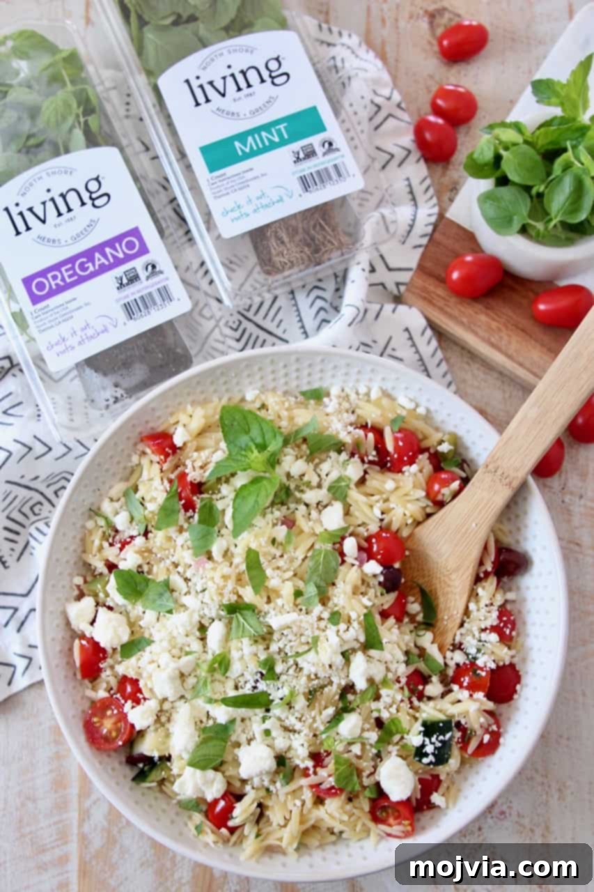 Bright Mediterranean Orzo Salad 8 A large bowl of Greek orzo salad, garnished with fresh mint and grape tomatoes, with a wooden spoon for serving.