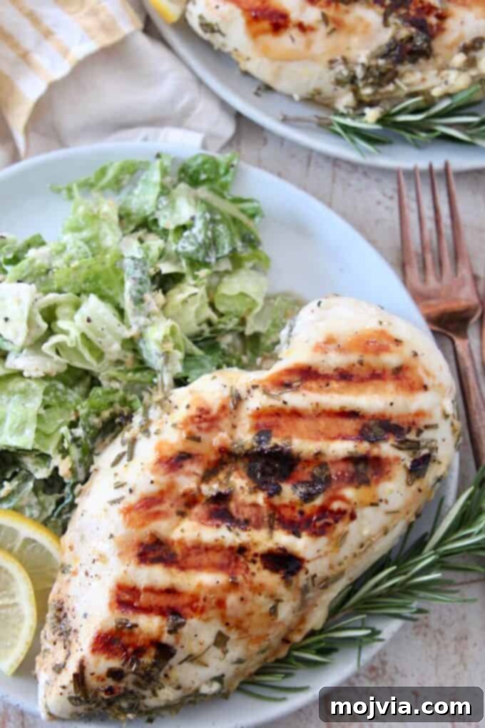 Bright Lemon & Rosemary Chicken 2 overhead image of grilled lemon rosemary chicken breast on plate with a fresh green salad
