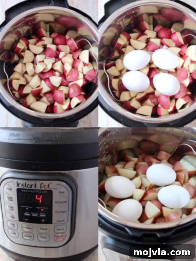 Quick and Creamy Instant Pot Cheddar Ranch Potato Salad 4 A collage of sequential images demonstrating how to prepare Instant Pot Potato Salad from start to finish.