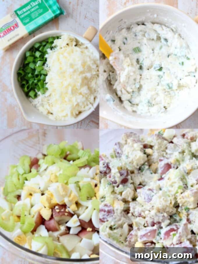 Quick and Creamy Instant Pot Cheddar Ranch Potato Salad 5 Another collage illustrating the process of making Cheddar Ranch Potato Salad, focusing on the mixing and assembly steps.