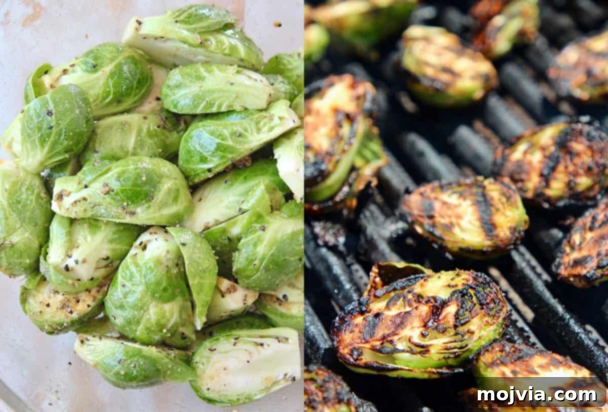 Fire-Kissed Brussels Sprouts 4 collage of images showing how to make grilled brussels sprouts