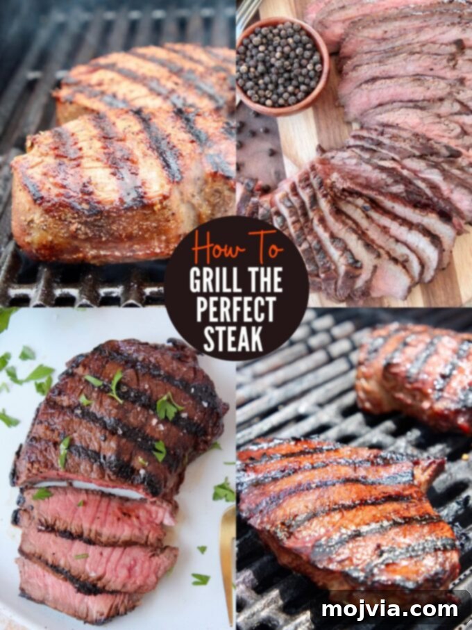 A collage featuring steaks on the grill and beautifully sliced on plates, showcasing the perfect cook