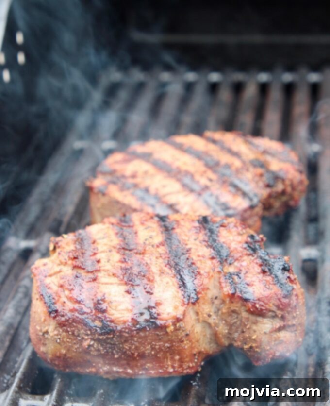 Two perfectly cooked steaks on a grill with beautiful sear marks, signifying expert grilling