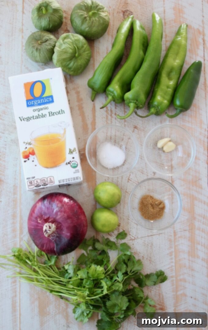 Vibrant Verde Enchilada Sauce 3 A selection of fresh ingredients including vibrant green tomatillos, various peppers, red onion, and cilantro, laid out for making green enchilada sauce.