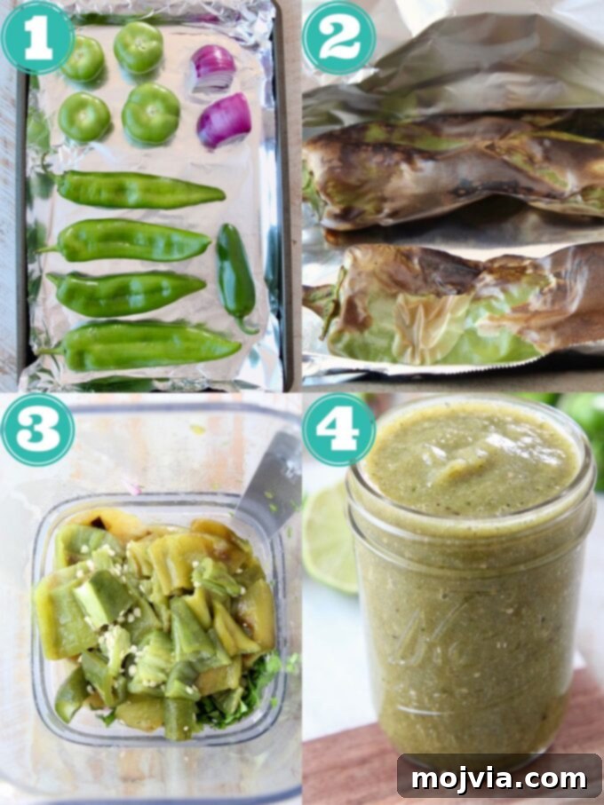 Vibrant Verde Enchilada Sauce 4 A photographic sequence showing the process of preparing green enchilada sauce, from roasting fresh vegetables on a baking sheet to blending them into a smooth, vibrant sauce.