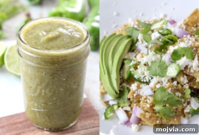 Vibrant Verde Enchilada Sauce 7 A collage displaying a jar of homemade green enchilada sauce alongside a plate of Chilaquiles Verdes, demonstrating one of its delicious uses.