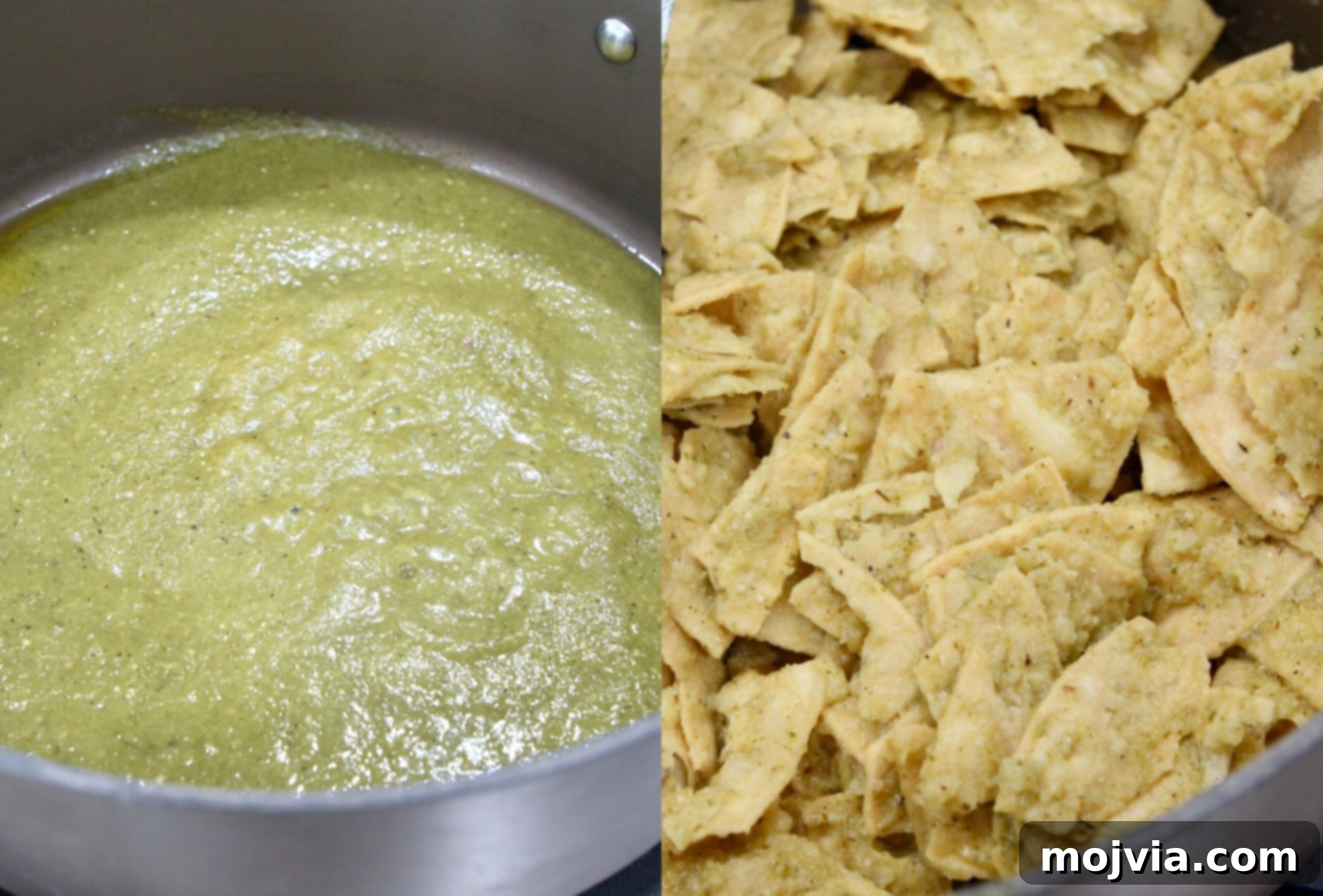 Zesty Verde Chilaquiles 4 A collage of four images demonstrating the process of making chilaquiles verdes: sauce simmering, chips being added, chips coated in sauce, and the finished dish on a plate.