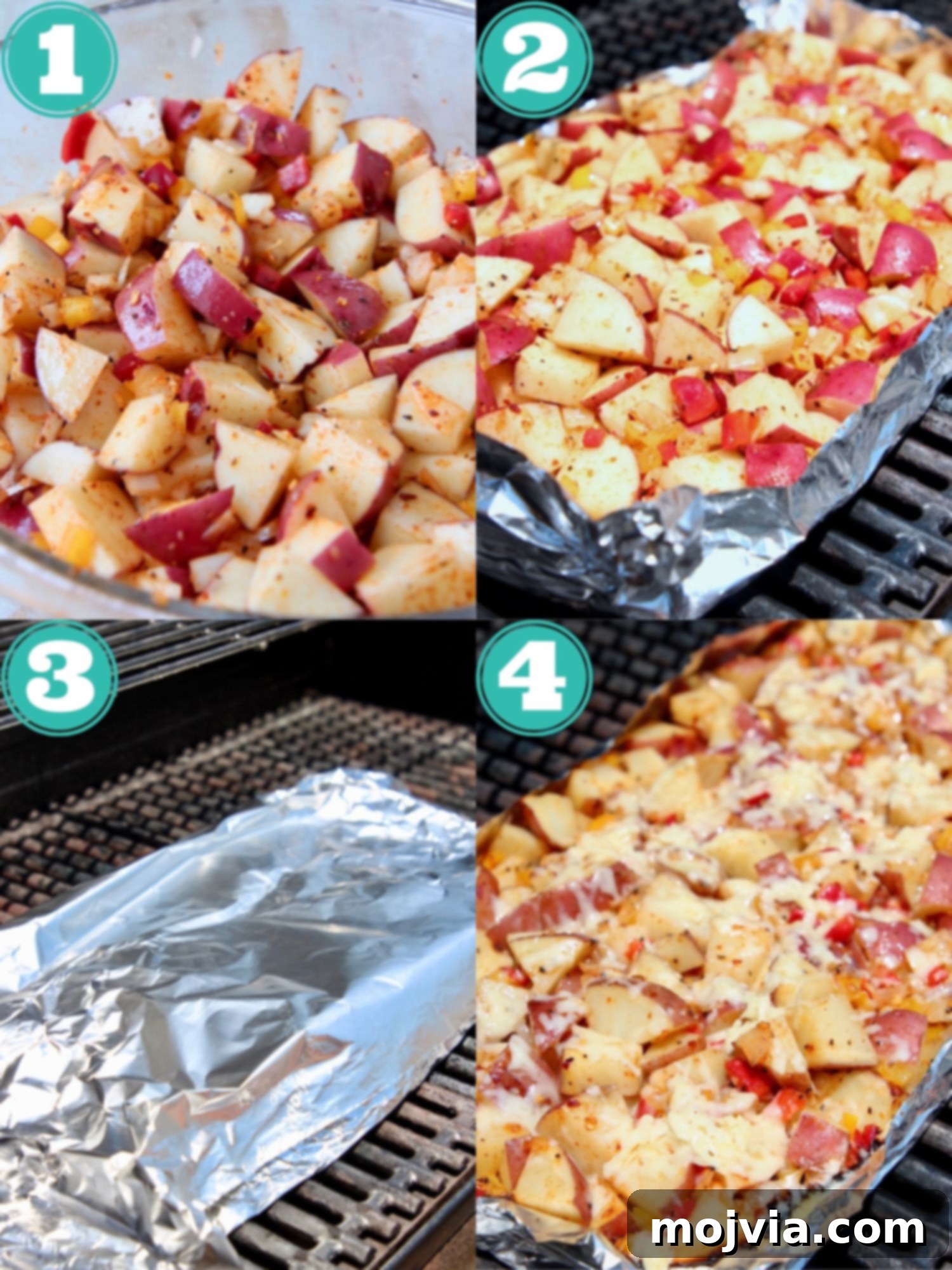 Golden Cheesy Grilled Potatoes 4 Collage showing the process of making cheesy grilled potatoes: seasoning, placing in foil, grilling, and adding cheese.