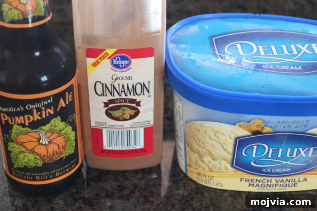 Ingredients for Pumpkin Beer Float: scoops of vanilla ice cream, a bottle of pumpkin ale, and ground cinnamon.