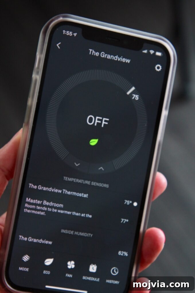 hand holding iphone with nest app showing on the phone