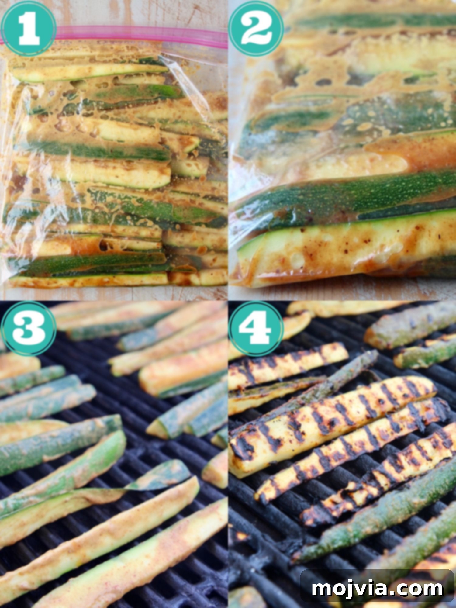 Summer Grilled Zucchini 4 A collage of images illustrating the step-by-step process of marinating and grilling zucchini, from slicing to plating.