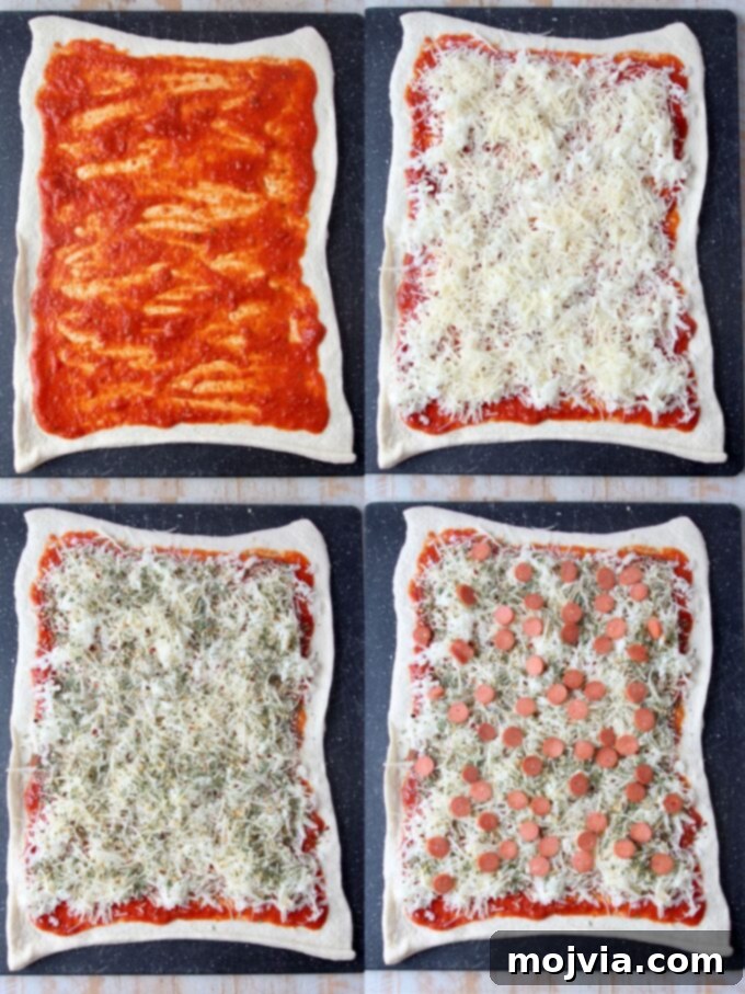 Crispy Pizza Bites 4 collage of images showing how to make pizza rolls