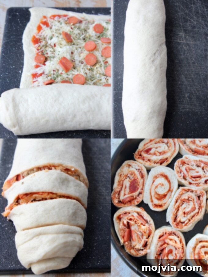 Crispy Pizza Bites 5 collage of images showing how to make pizza rolls