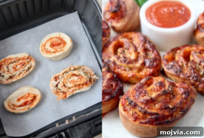 Crispy Pizza Bites 6 uncooked pizza rolls in air fryer and cooked on a plate
