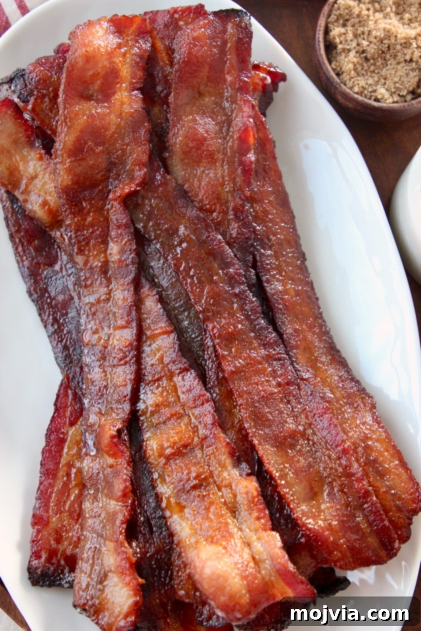 Pig Candy 2 Perfectly cooked candied bacon slices arranged on a white plate, showcasing their glossy, caramelized finish.
