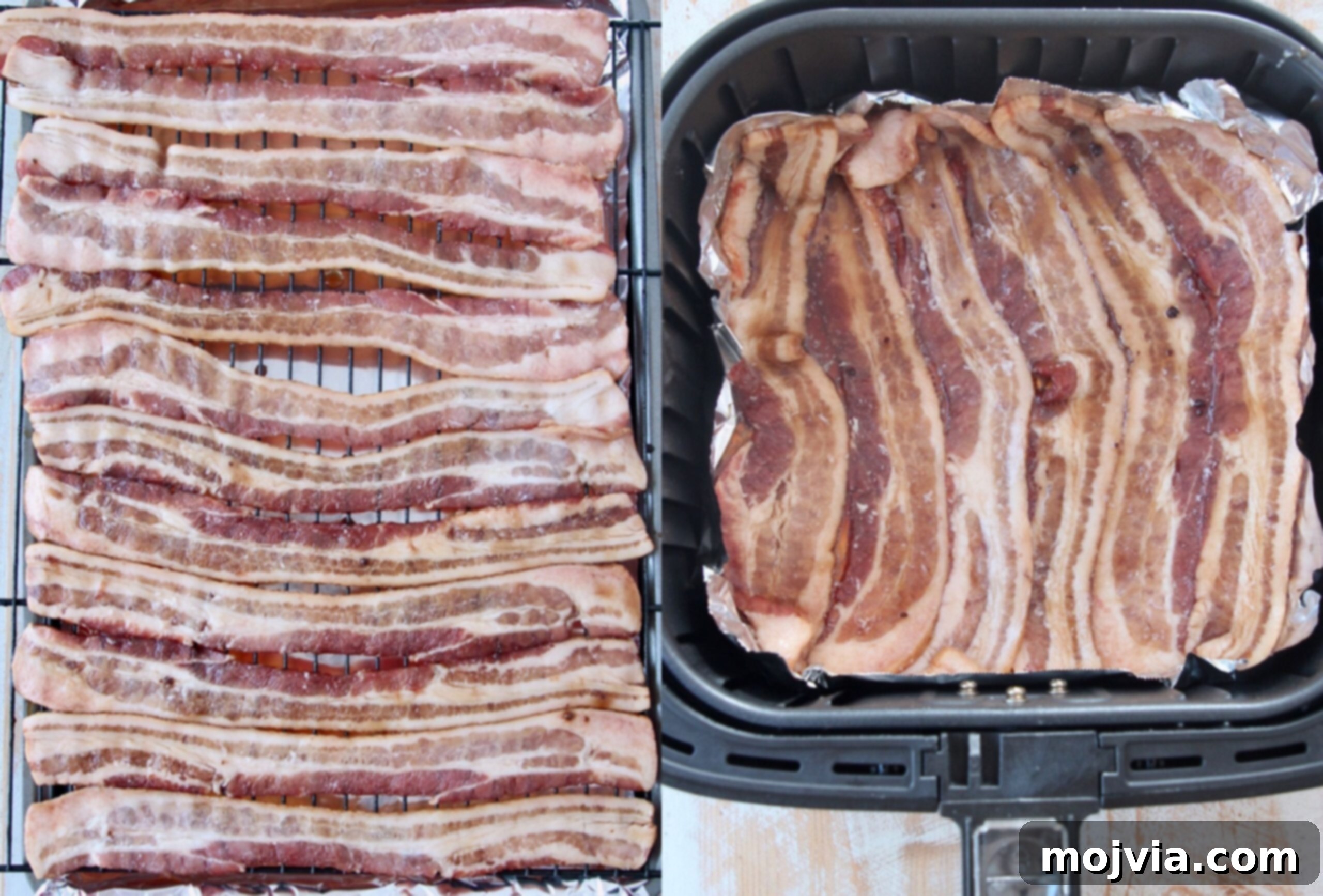 Pig Candy 4 Candied bacon ready to be cooked, arranged on a wire rack over a baking sheet for oven baking, and in an air fryer basket, demonstrating two cooking methods.