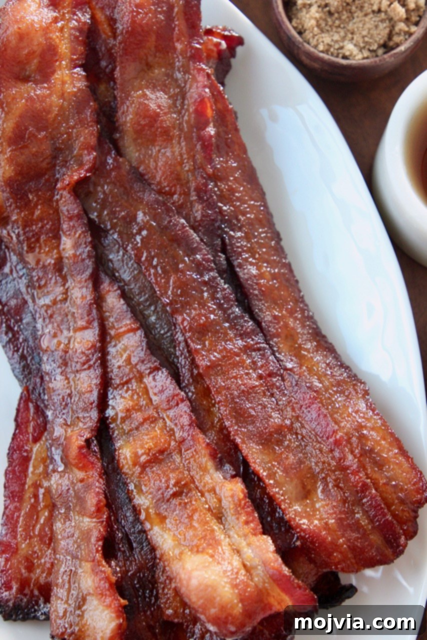 Pig Candy 6 Close-up of glossy, perfectly cooked candied bacon slices stacked on a pristine white plate, highlighting their rich color and texture.