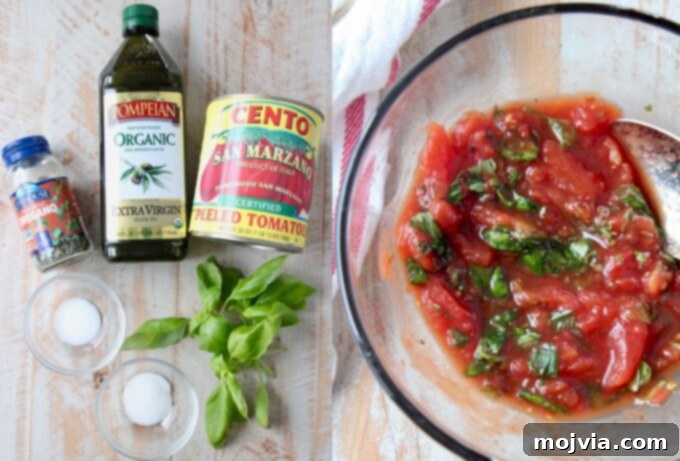Kurt's Signature Pan Pizza 4 pizza sauce ingredients laid out, with a bowl of freshly made homemade pizza sauce