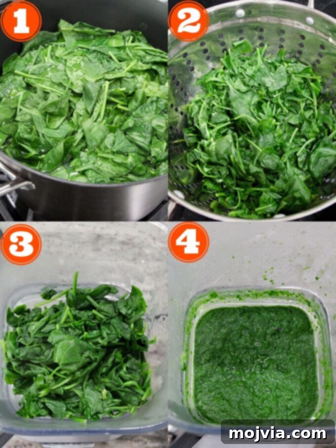 Spinach Paneer Curry 4 A collage demonstrating the steps to cook and puree spinach for Palak Paneer.