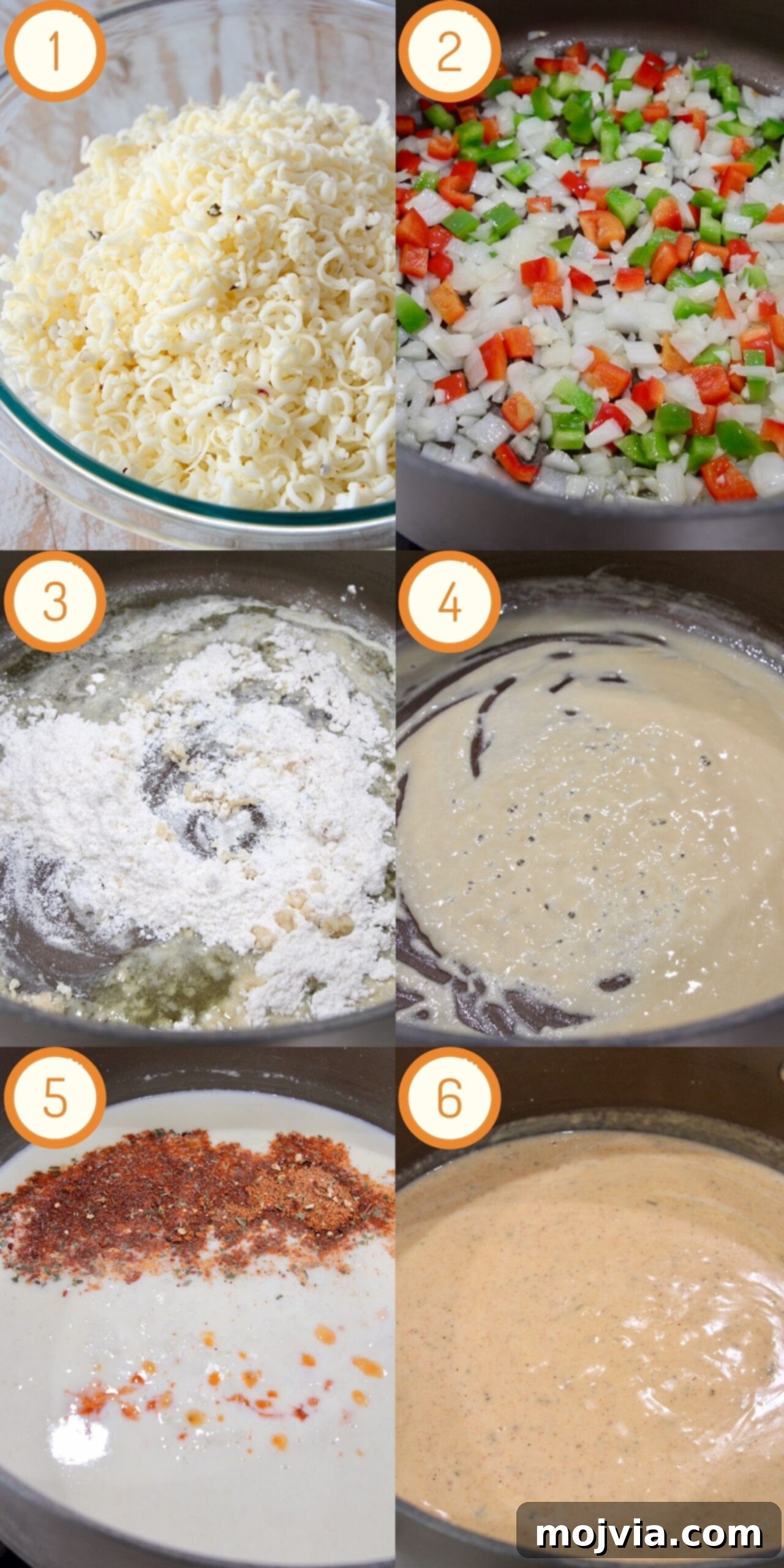 Bayou Blend Mac and Cheese 4 A four-panel collage demonstrating the initial steps of making Cajun Mac and Cheese, from sautéing vegetables to preparing the roux.