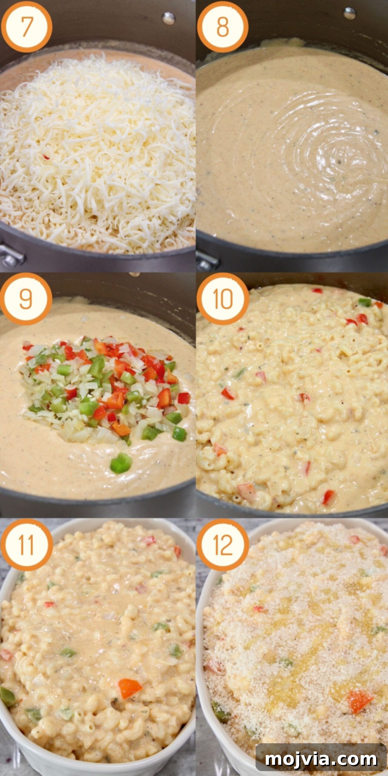Bayou Blend Mac and Cheese 5 A four-panel collage showcasing the final stages of preparing Cajun Mac and Cheese, including mixing cheese and pasta, transferring to a baking dish, and baking.