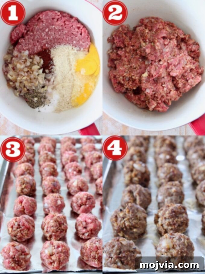 Red Wine Infused BBQ Beef Meatballs 4 collage of images showing how to make baked beef meatballs