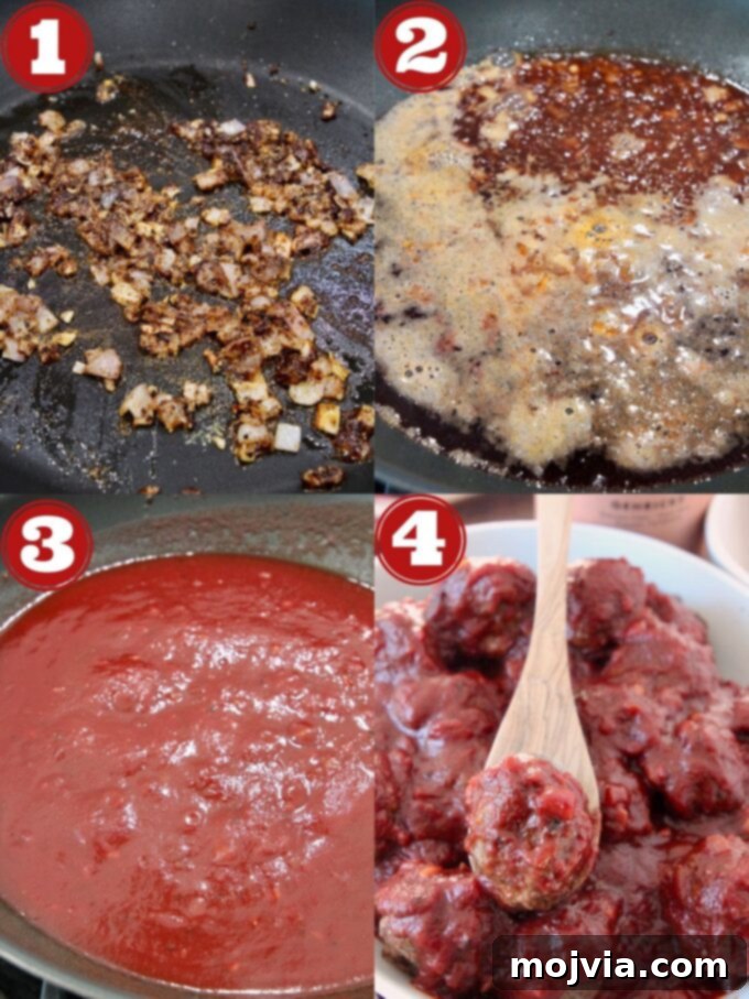 Red Wine Infused BBQ Beef Meatballs 5 collage of images showing how to prepare bbq sauce for meatballs