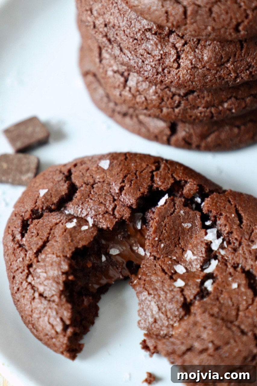 Ultimate Chocolate Treats 2 A warm, gooey chocolate cookie pulled in half on a white plate, revealing its molten dark chocolate center, with a stack of perfectly baked cookies in the background.