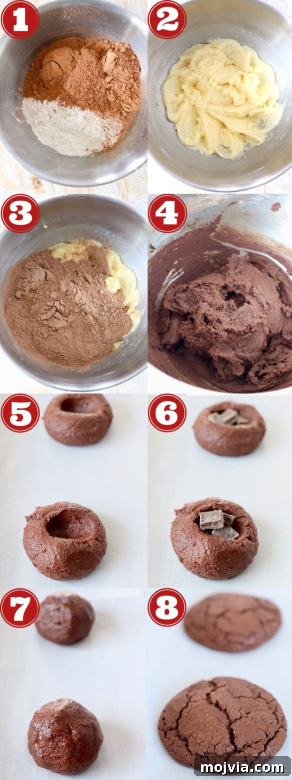 Ultimate Chocolate Treats 4 A collage of images illustrating the step-by-step process of how to make double chocolate cookies, from mixing ingredients to shaping dough.