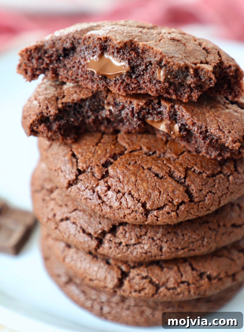 Ultimate Chocolate Treats 5 A perfectly stacked pile of freshly baked double chocolate cookies on a white plate, ready to be enjoyed.