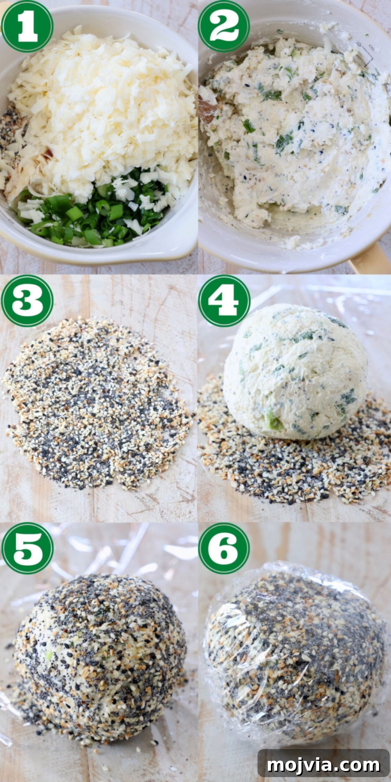 Everything Bagel Cheddar Party Ball 4 collage of images showing how to make a cheese ball