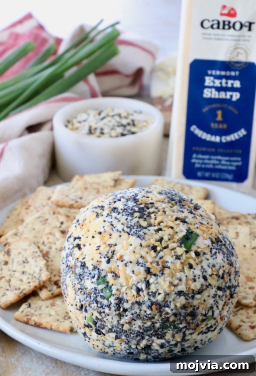 Everything Bagel Cheddar Party Ball 5 cheese ball on plate with crackers