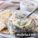 Everything Bagel Cheddar Party Ball 8 cheese ball with cheese spreader on plate with crackers