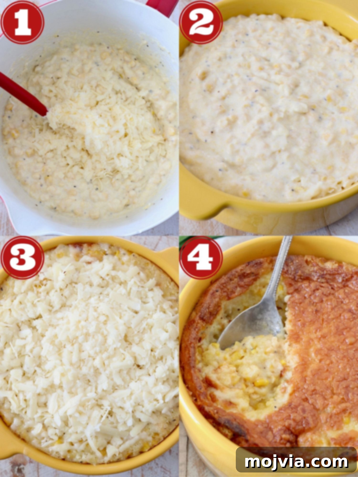 Golden Corn & Cheddar Delight 4 a visual guide showing the steps to prepare corn casserole