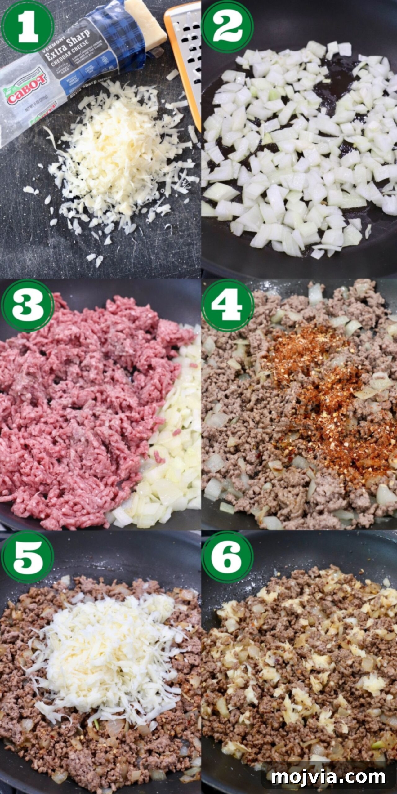 Crispy Cheeseburger Egg Rolls Air Fryer Pan Fry 4 collage of images showing how to make cheeseburger filling for egg rolls