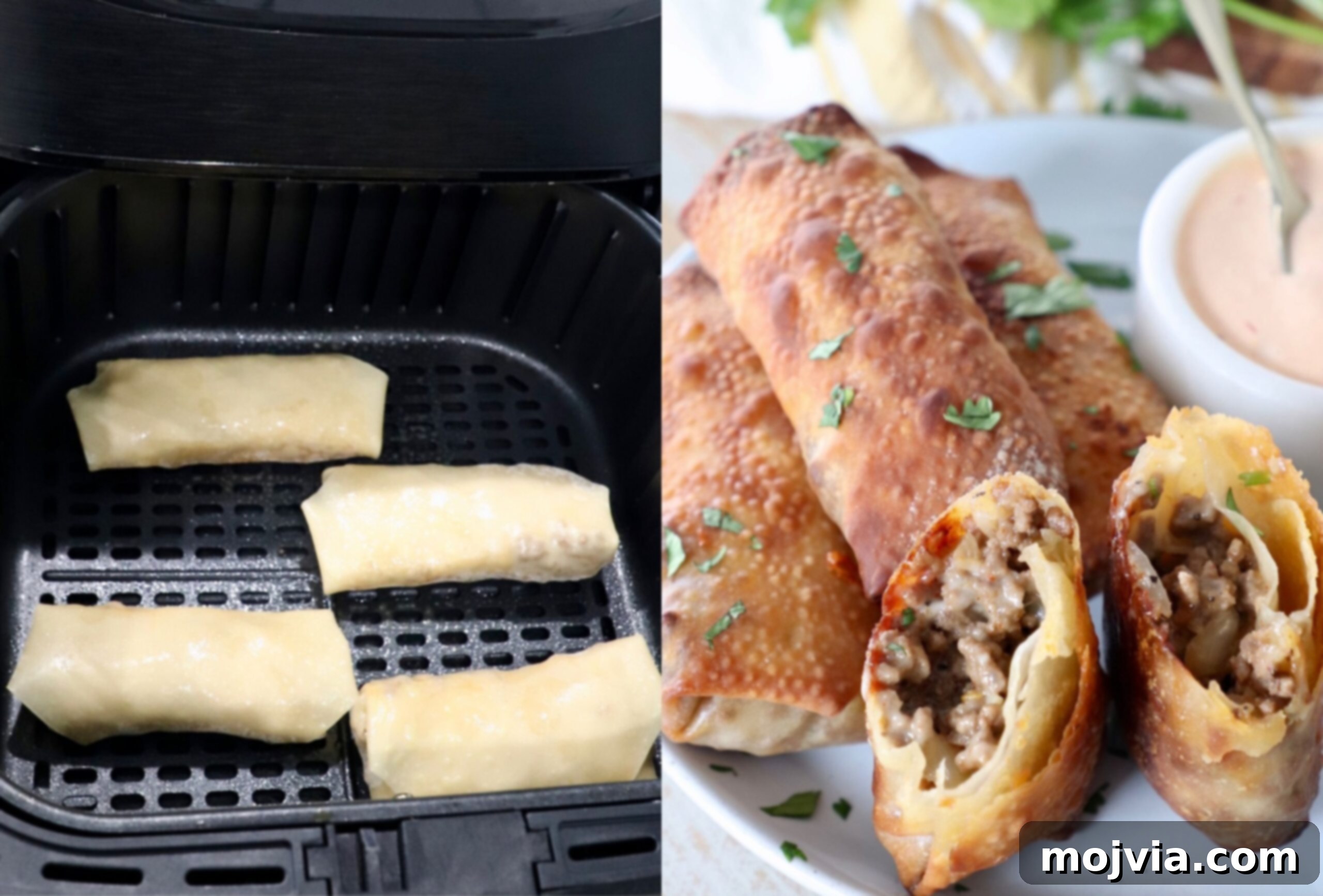 Crispy Cheeseburger Egg Rolls Air Fryer Pan Fry 6 cheeseburger egg rolls in air fryer and cooked on plate