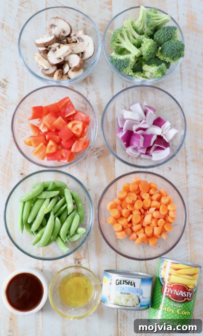Vibrant Vegetable Stir-Fry 3 Fresh ingredients laid out for a vegetable stir fry, including various colorful vegetables and oils