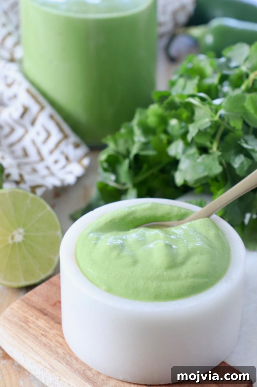 Bright Cilantro Lime Sauce 2 A small white bowl filled with vibrant green cilantro lime sauce, with a spoon resting in it, ready to be served over various dishes.