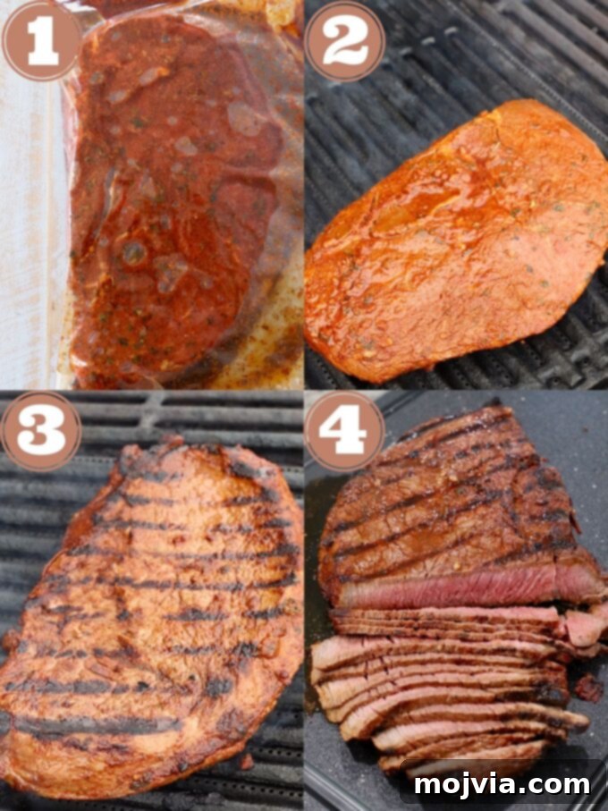 A collage showing the steps of marinating, grilling, and slicing steak for tacos.