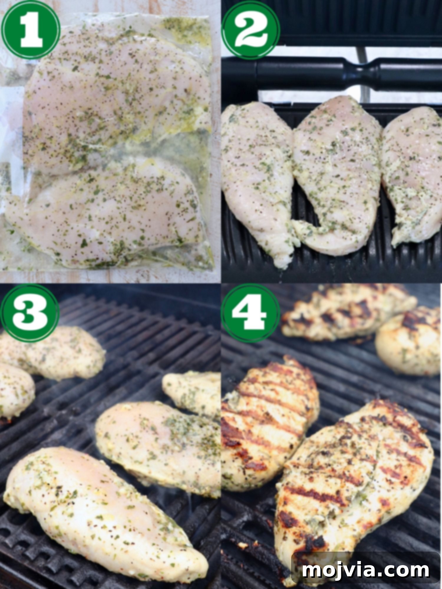 Greek Lemon Herb Chicken Marinade 4 collage of images showing how to make marinated grilled Greek chicken