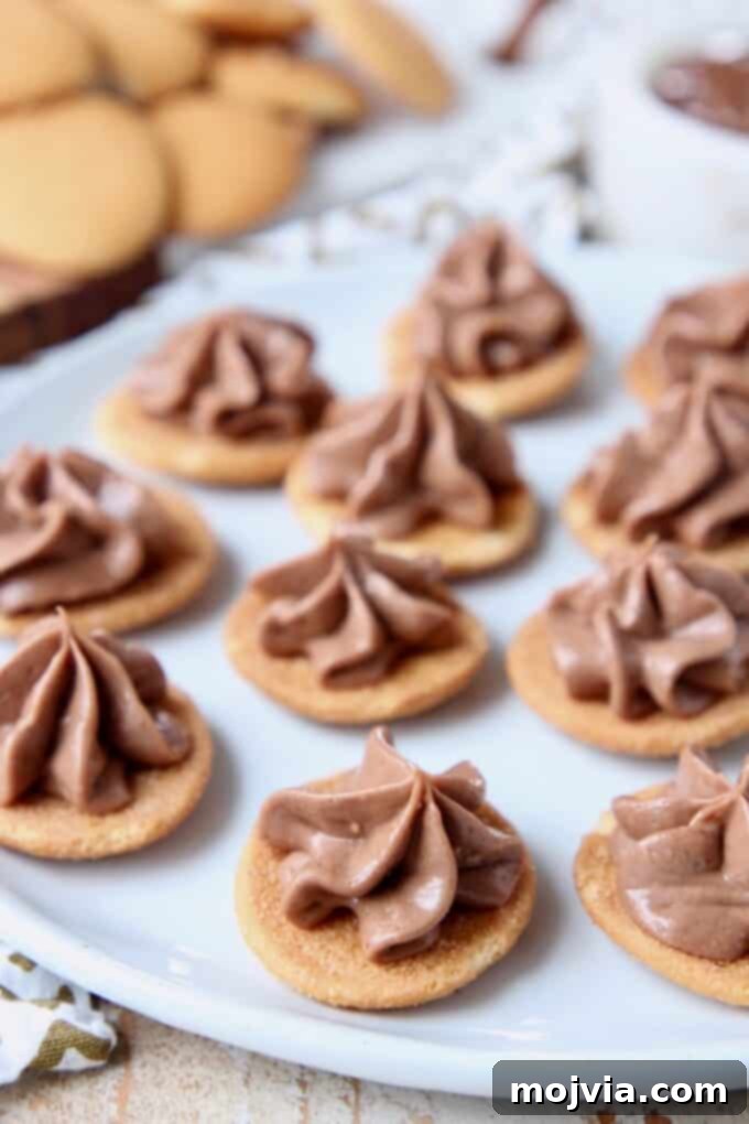Nutella Cheesecake Delights 2 Nutella cheesecake piped onto Nilla wafers on a pristine white plate, garnished with a sprinkle of cocoa powder.