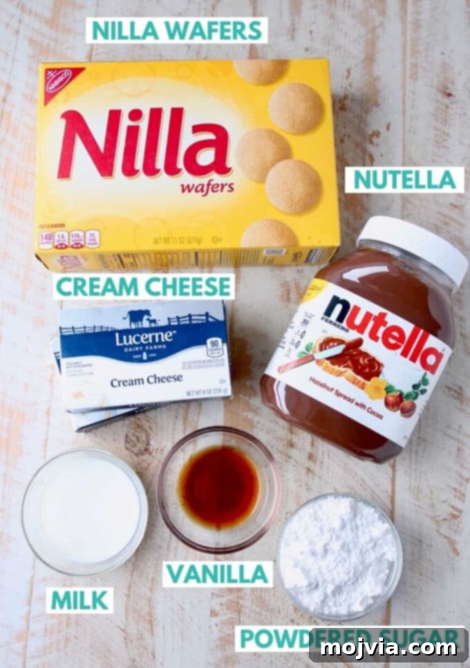 Nutella Cheesecake Delights 3 All the essential ingredients for Nutella Cheesecake Bites laid out on a kitchen counter: cream cheese, Nutella, powdered sugar, milk, vanilla extract, and Nilla Wafers.