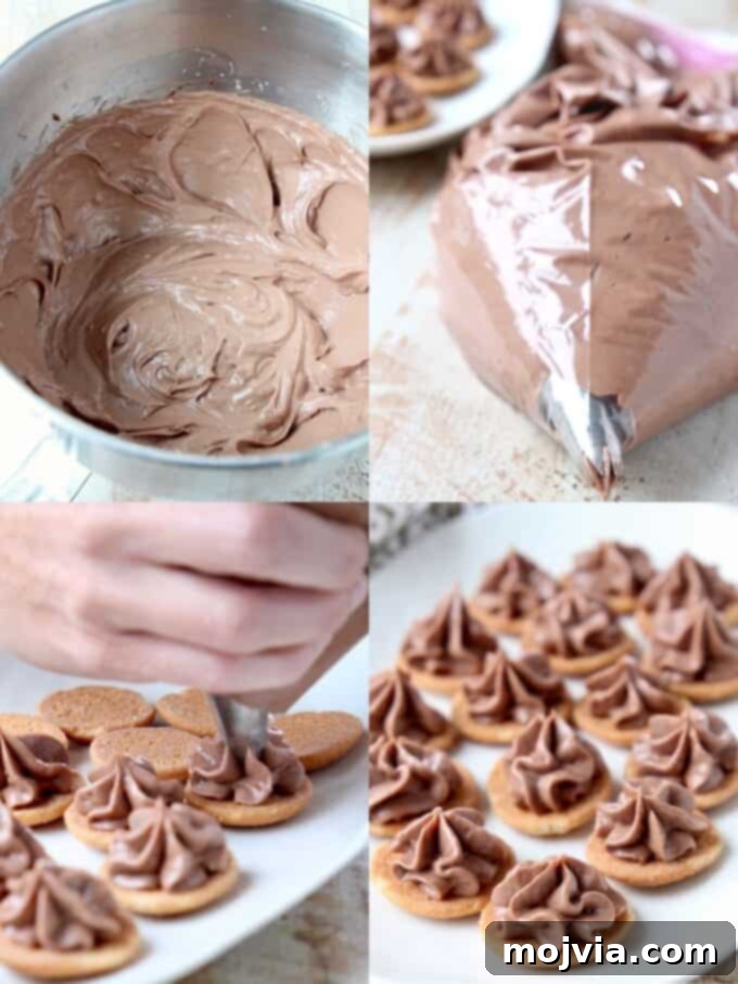 Nutella Cheesecake Delights 4 A collage of three images showing the process of making Nutella Cheesecake Bites: mixing ingredients, preparing the piping bag, and piping the mixture onto Nilla Wafers.