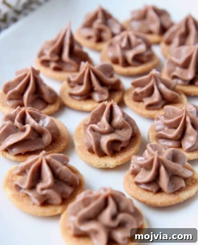 Nutella Cheesecake Delights 6 Nutella cheesecake piped onto vanilla wafers, meticulously arranged on a serving plate.