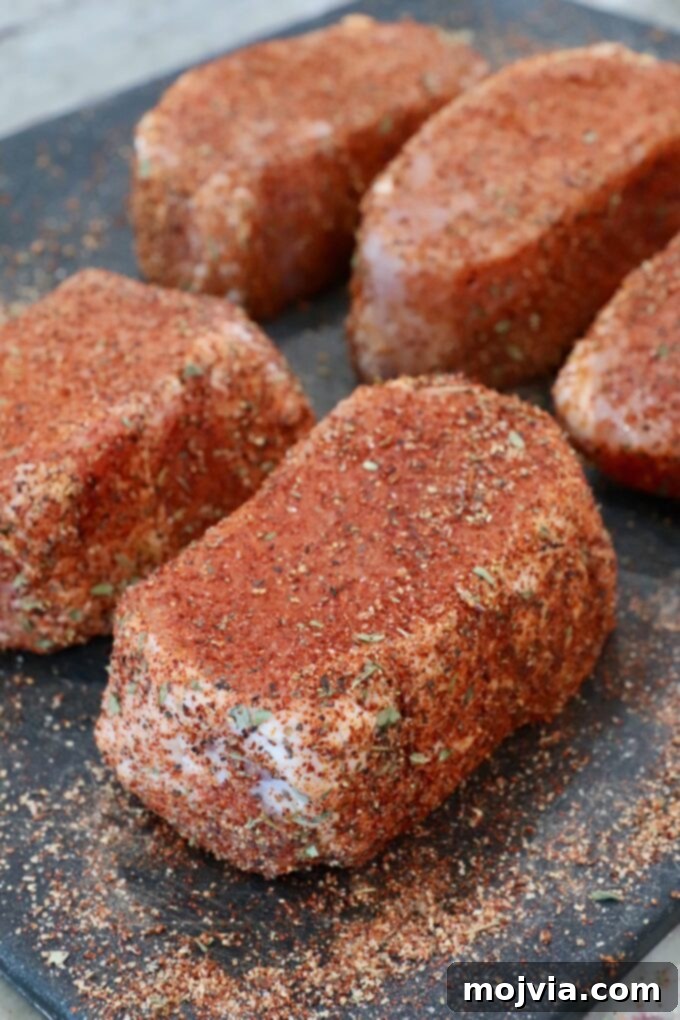 Artisan Smoked Pork Chops 7 Seasoned pork chops uniformly coated with rub on a cutting board, ready for the smoker.
